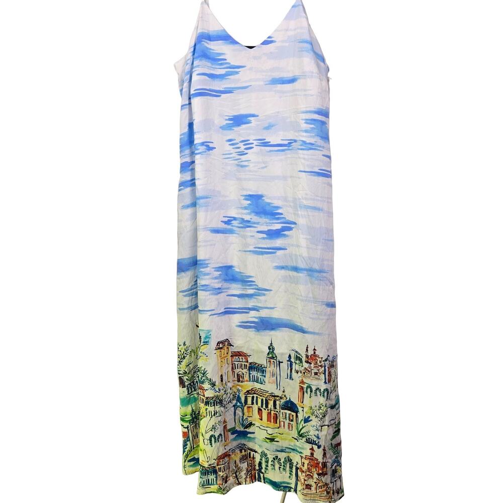 Rachel Zoe Maxi Dress Cityscape Print V-Neck Spaghetti Strap White Blue M GLOBAL